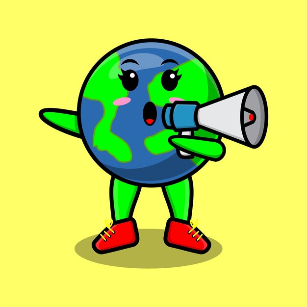 Cute Cartoon earth character speak with megaphone in 3d cartoon style concept