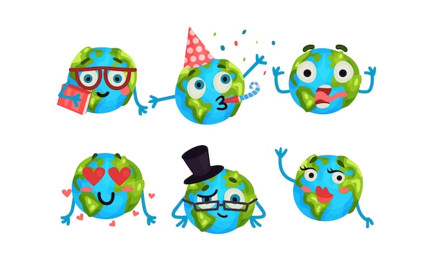 Cute cartoon Earth globe with different emotions and person style Smart with book happy holiday in shock in love flirting Vector Illustrations cartoon character isolated white background