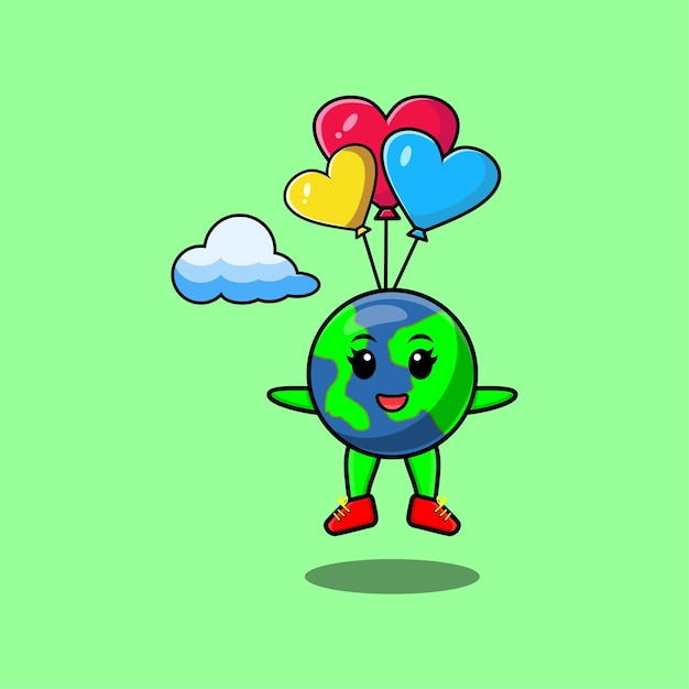 Cute cartoon Earth mascot is skydiving with balloon and happy gesture cute modern style design