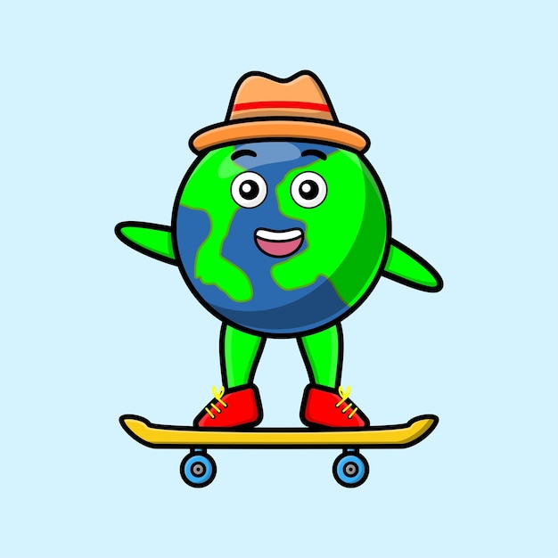 Cute cartoon earth standing on skateboard with cartoon vector illustration style