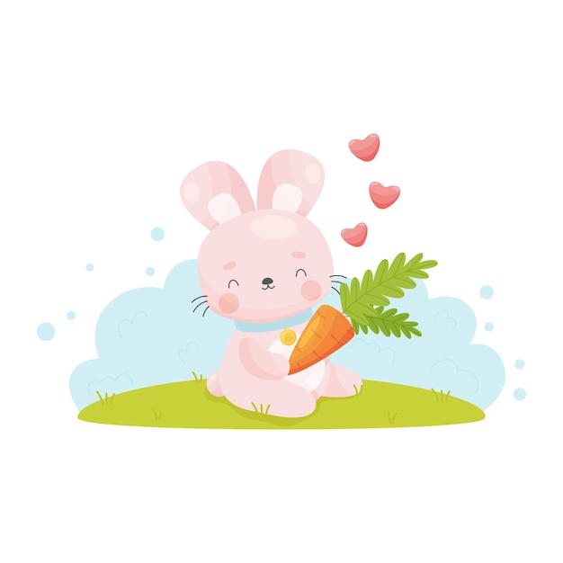 Cute cartoon Easter bunny loves his carrot Vector illustration