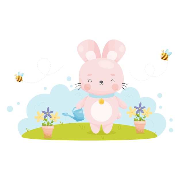 Cute cartoon Easter bunny watering flowers from a watering can Vector illustration