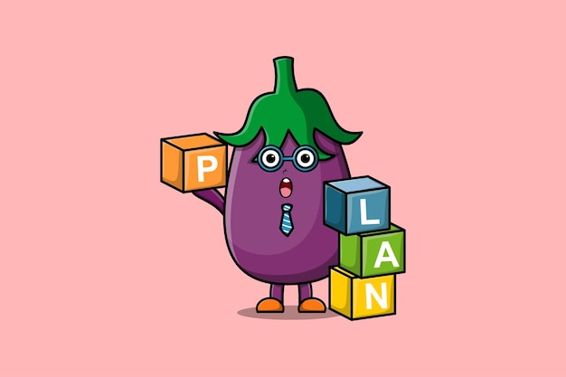 Cute cartoon Eggplant businessman stacking plan box in flat modern style design