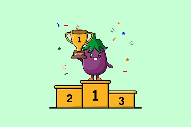 Cute cartoon Eggplant character as the first winner with happy expression in modern illustration