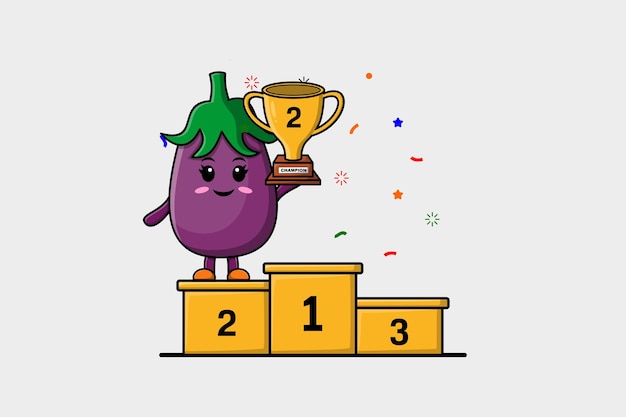 Cute cartoon Eggplant character as the second winner with happy expression in modern illustration