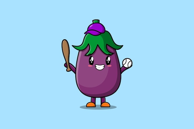 Cute cartoon Eggplant character playing baseball in modern style design