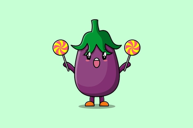 Cute cartoon Eggplant character with happy expression in modern style design illustration