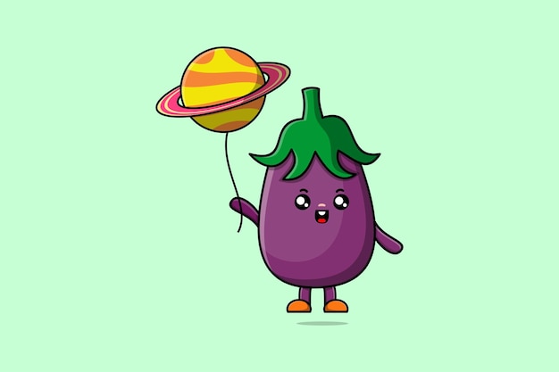 Cute cartoon Eggplant floating with planet balloon cartoon vector illustration