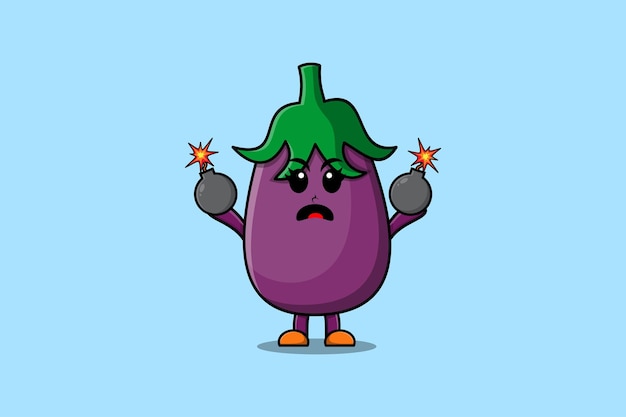 Cute cartoon Eggplant holding bomb with scared expression in flat modern style design