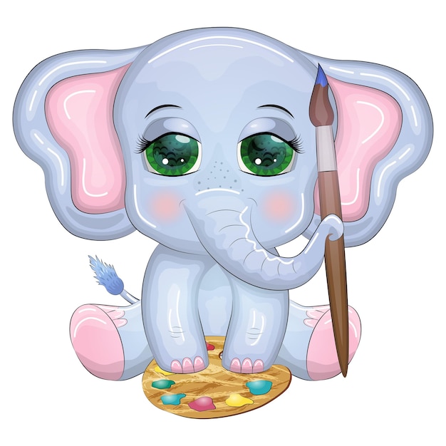 Cute cartoon elephant child character with beautiful eyes with paints and brush artist