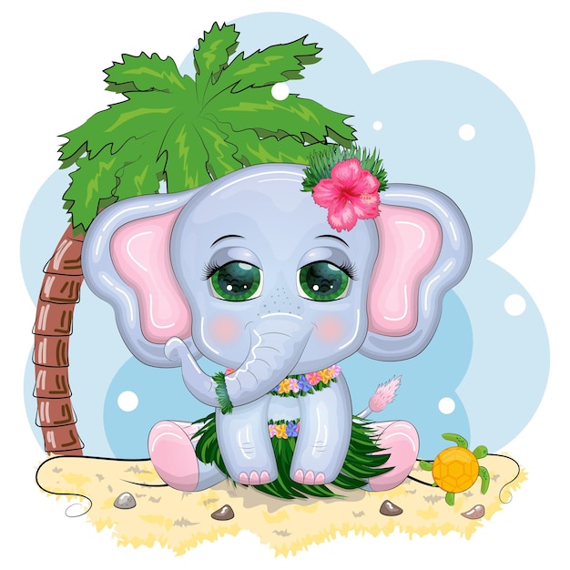 Cute cartoon elephant childish character with beautiful eyes in Hawaiian costume beach and vacation