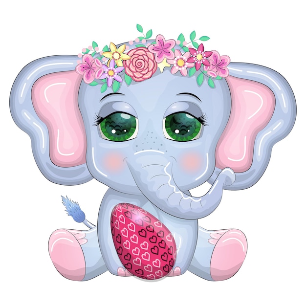 Cute cartoon elephant childish character with beautiful eyes holding easter egg