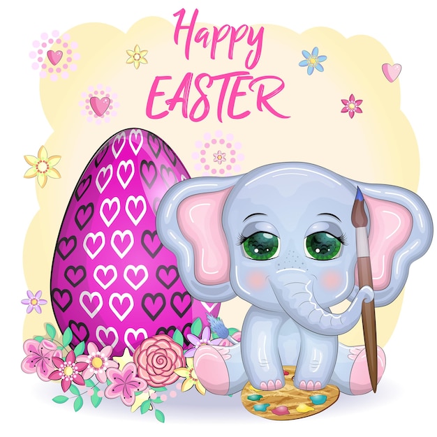 Cute cartoon elephant childish character with beautiful eyes holding easter egg