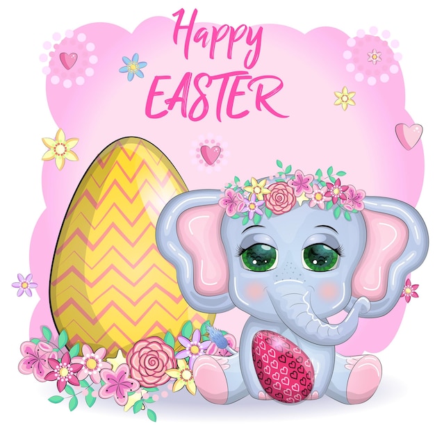 Cute cartoon elephant childish character with beautiful eyes holding easter egg