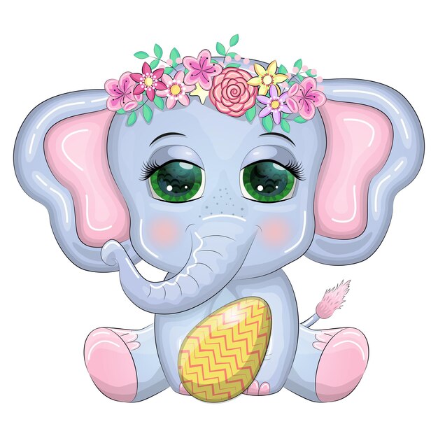 Cute cartoon elephant childish character with beautiful eyes holding easter egg