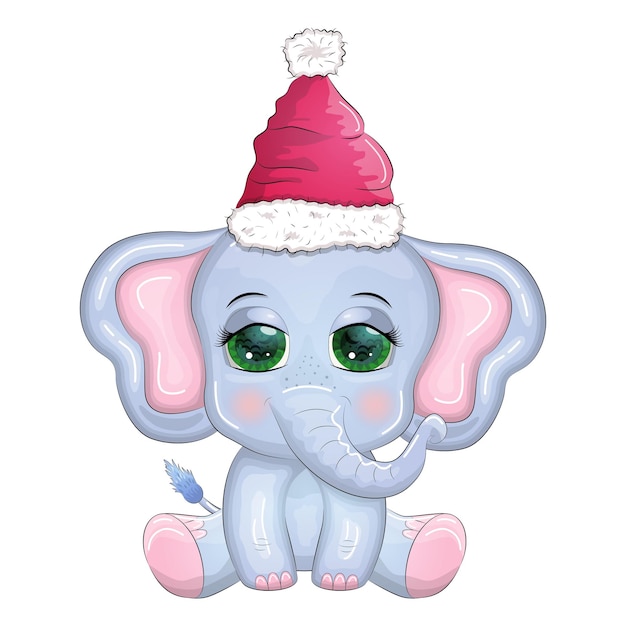 Cute cartoon elephant childish character with beautiful eyes wearing santa hat scarf holding gift christmas ball