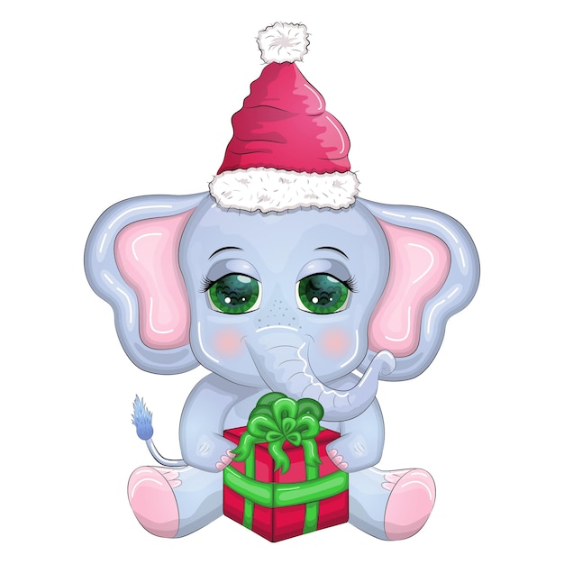 Cute cartoon elephant childish character with beautiful eyes wearing santa hat scarf holding gift christmas ball