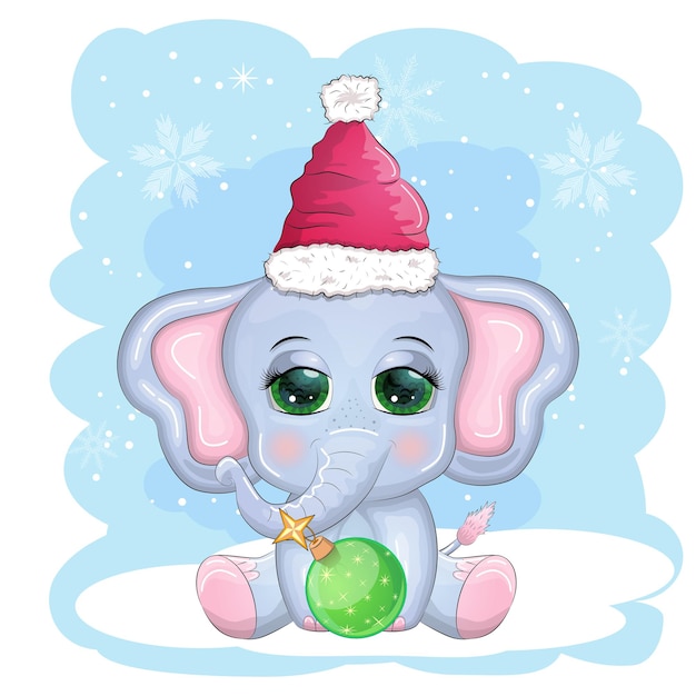 Cute cartoon elephant childish character with beautiful eyes wearing santa hat scarf holding gift christmas ball