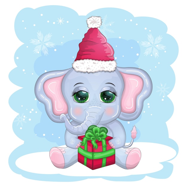 Cute cartoon elephant childish character with beautiful eyes wearing santa hat scarf holding gift christmas ball