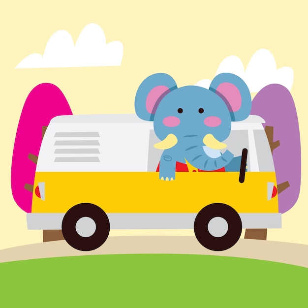 Cute cartoon elephant travelling by car