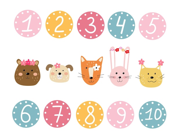 Vector cute cartoon faces of animals with colored hand drawn numbers in a scandinavian style. vector