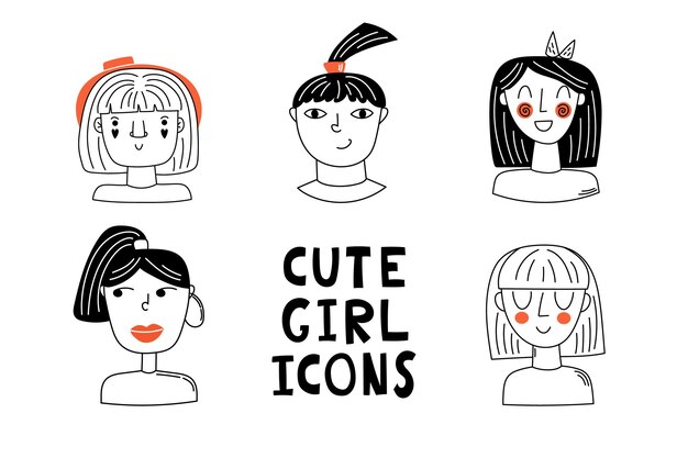 Cute cartoon faces Cute girl icons Doodle set avatar Portraits of young girls with different hairstyles Vector illustration