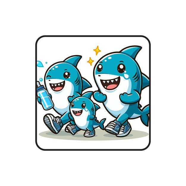 Cute cartoon family of shark playing together