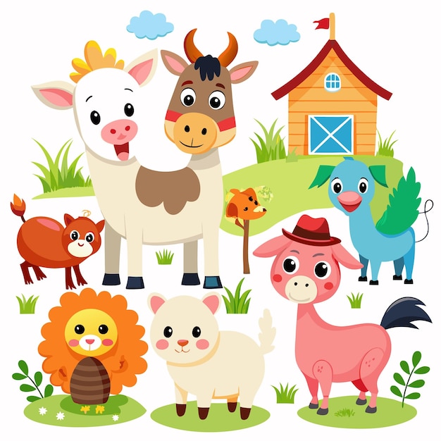 Vector cute cartoon farm animals in a field with a barn