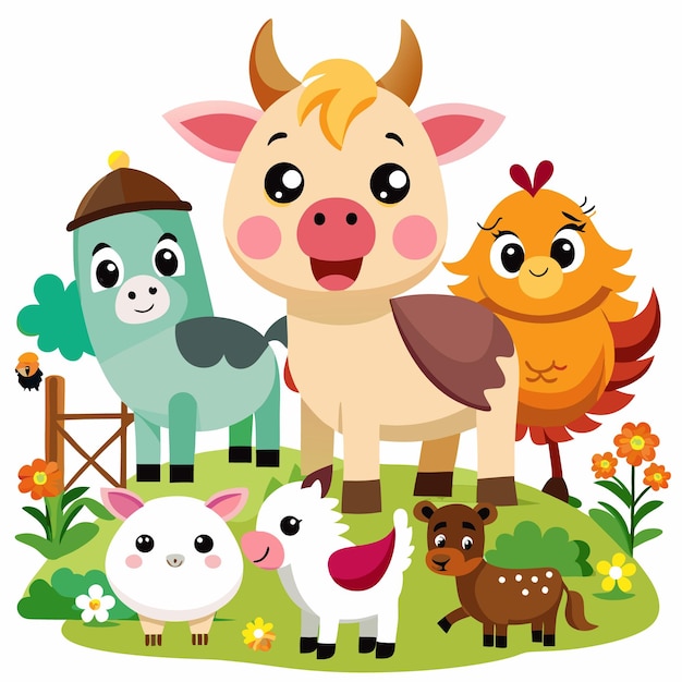 Cute cartoon farm animals standing in a grassy field with flowers