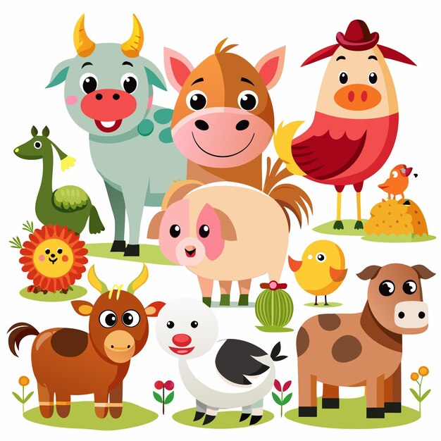 Vector cute cartoon farm animals with big eyes standing on a green field with flowers