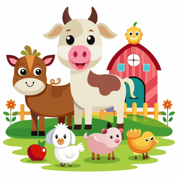 Cute cartoon farm animals with a red barn in the background