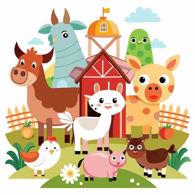 Cute cartoon farm animals with a red barn and a silo