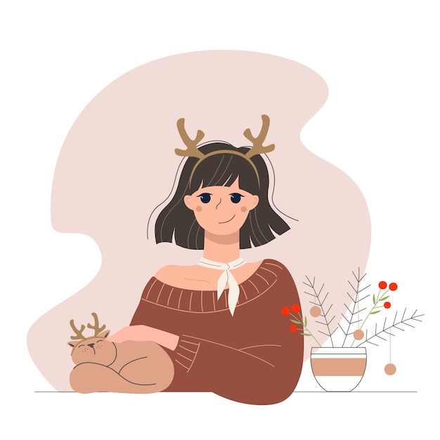 Cute cartoon festive girl with a funny sleeping cat and Christmas tree branches.