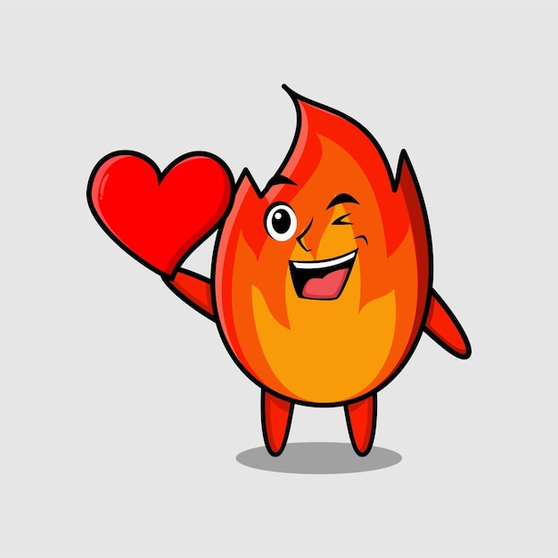 Cute cartoon fire character holding big red heart in modern style design