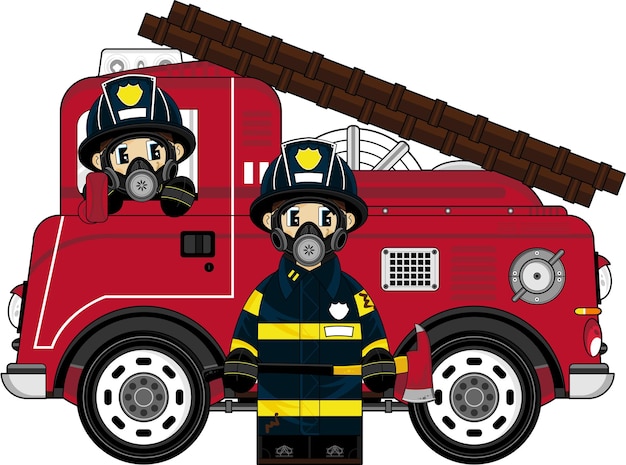 Cute Cartoon Firefighter in Mask with Fire Engine Emergency Services Illustration