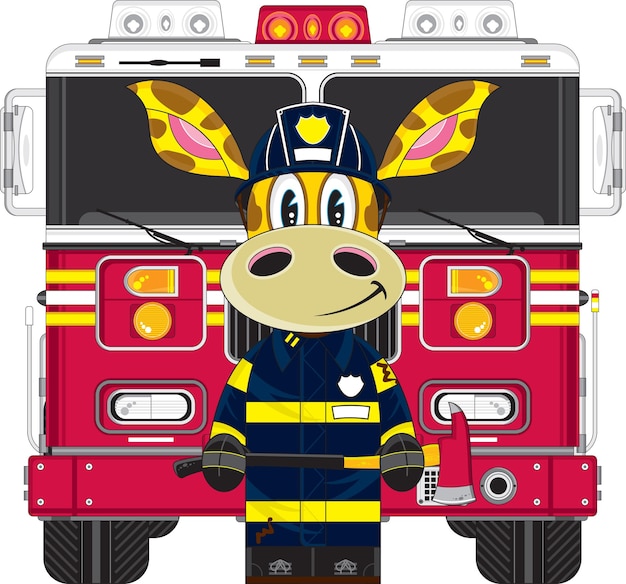 Cute Cartoon Firefighter with Fire Engine Emergency Services Illustration