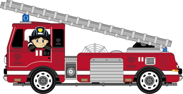 Cute Cartoon Firefighter with Fire Engine Emergency Services Illustration