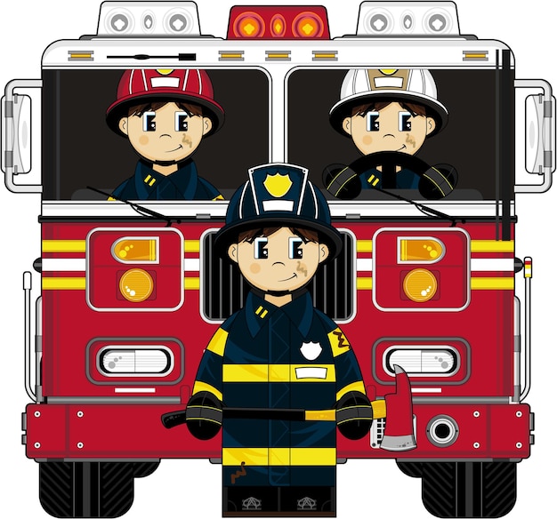 Cute Cartoon Firefighters with Fire Engine Emergency Services Illustration