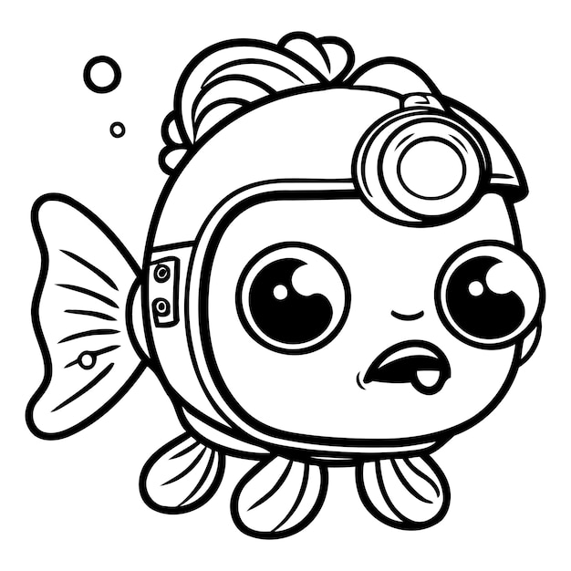 Cute cartoon fish in a helmet and glasses Vector illustration