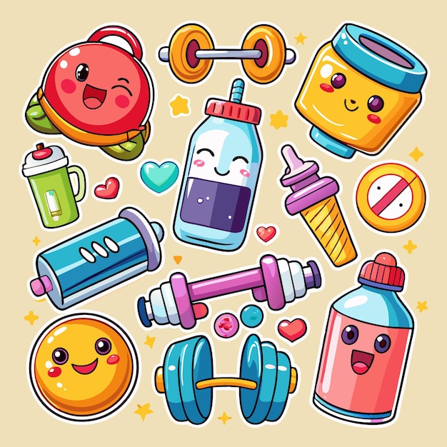 Vector cute cartoon fitness and healthy lifestyle stickers