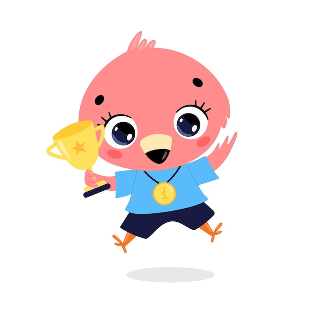 Cute cartoon flat doodle animals sport winners with gold medal and cup. Flamingo sport winner