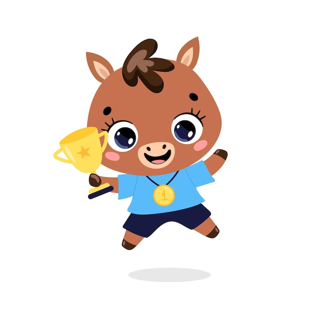 Cute cartoon flat doodle animals sport winners with gold medal and cup. Horse pony sport winner