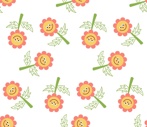 Cute cartoon flower characters in flat style seamless pattern. Floral childlike style mosaic