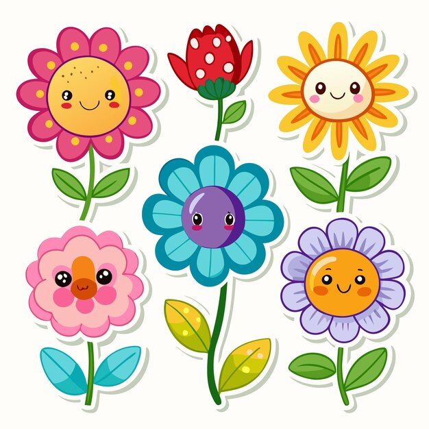 Cute cartoon flower stickers with different colors and faces