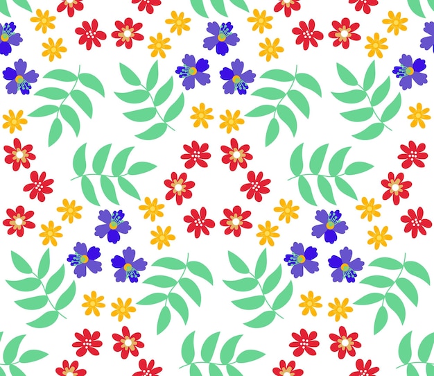 Cute cartoon flowers in flat style seamless pattern. Floral childlike style mosaic background.