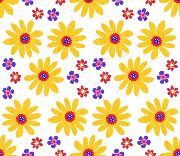 Cute cartoon flowers in flat style seamless pattern. Floral childlike style mosaic background.