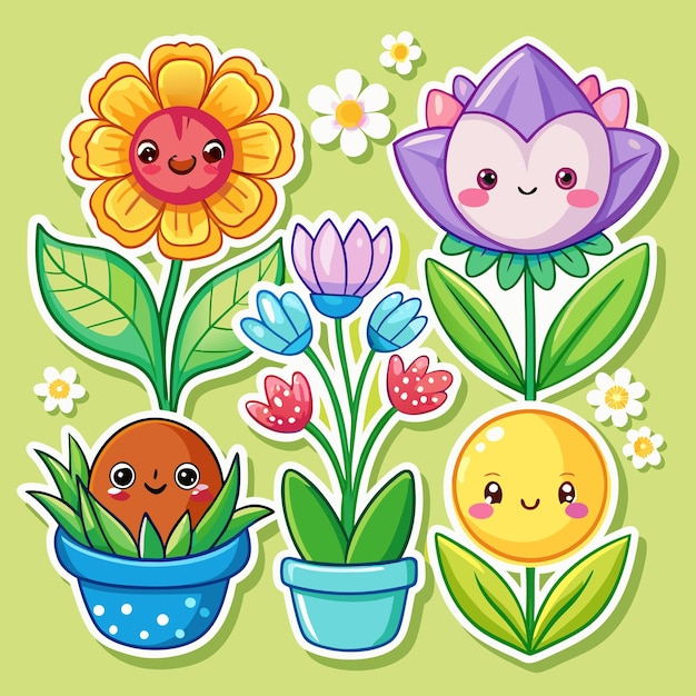 Cute Cartoon Flowers in Pots with Smiling Faces