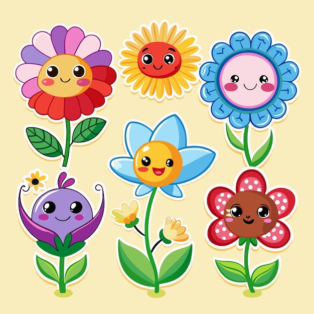 Cute cartoon flowers with smiling faces