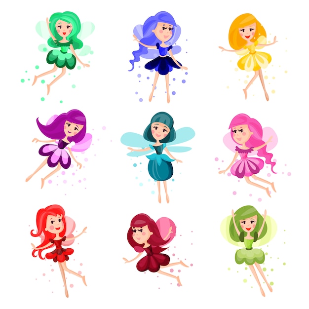 Cute cartoon flying girly fairies of different colors set of