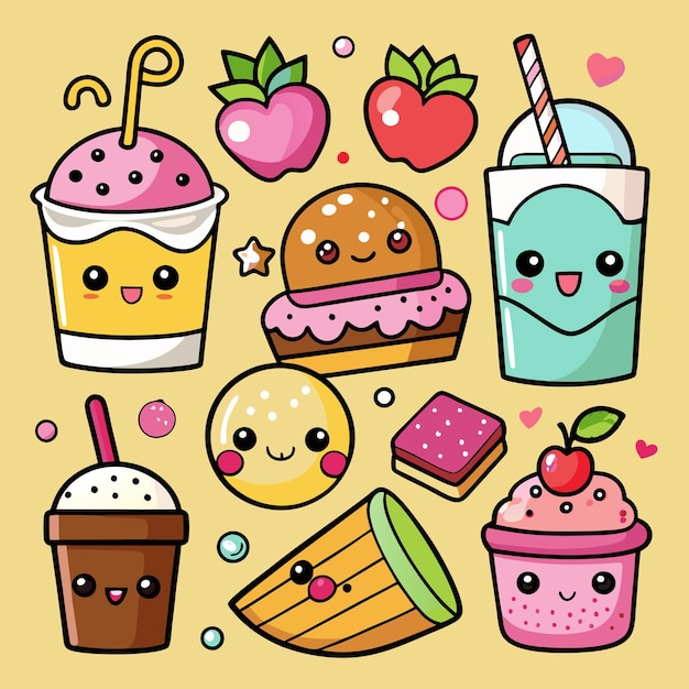 Cute cartoon food characters with happy expressions including milkshakes a burger and ice cream on a yellow background